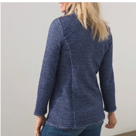 Chicos Denim Tweed Coatigan Jacket Size 2/L Sweater Blazer Blue Lagenlook Artsy - Picture 2 of 12